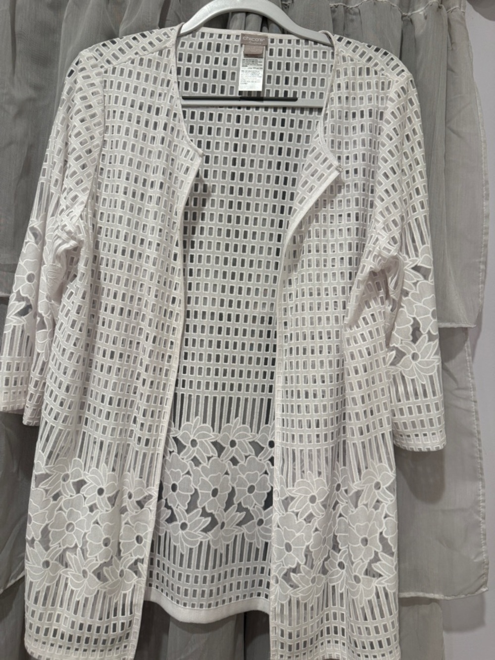 Chicos sizing is 2, Geometric Lace Overlay Top in white